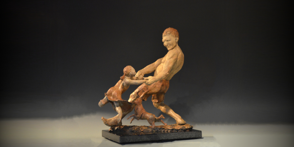 Faster, Daddy! bronze sculpture by David Varnau
